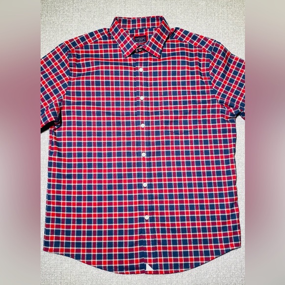LIKE NEW UNTUCKit Men’s Medium Passaros Button Front Shirt Red Navy Blue Check - Picture 2 of 6